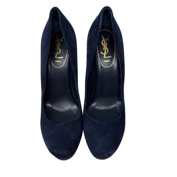 YSL Saint Laurent Tribute Pumps Womens 38.5 US 8.5 Navy Suede Platform Stiletto - Picture 3 of 12